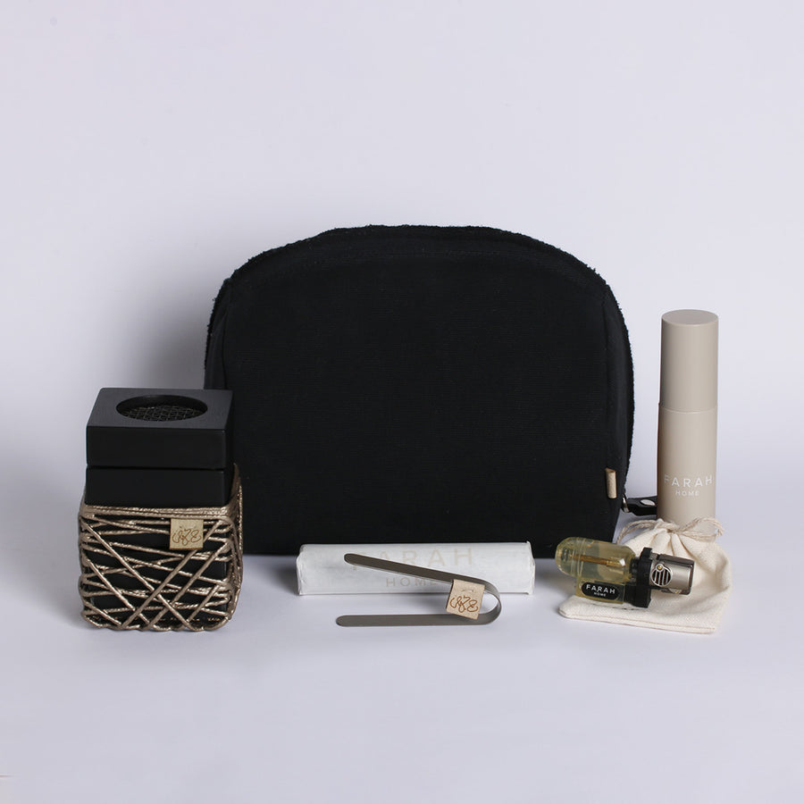 Mubkhar Pouch Set with String Safe Black Mubkhar Pearl Gold