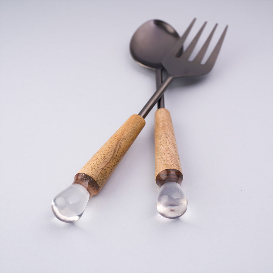 Metal Salad Servers with Wood and Resin Handle - Silver Color