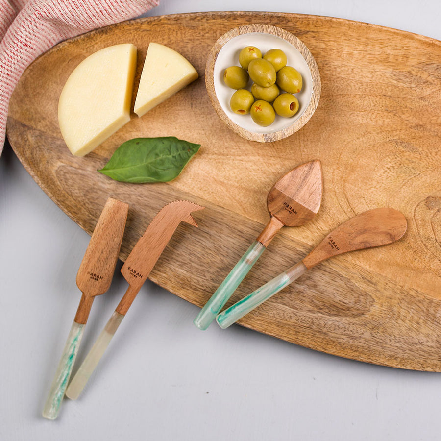 Wood and Green Resin Handle Cheese Knives