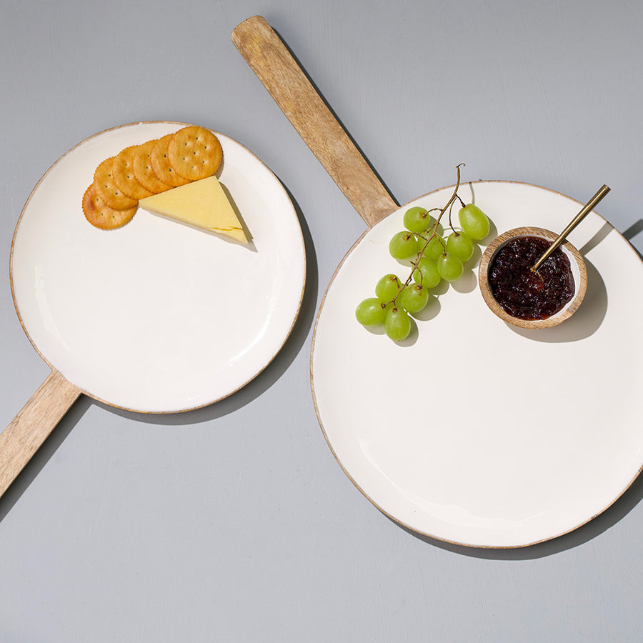 Large  Wood and White Enamel Serving Plate with Handle 30 CM
