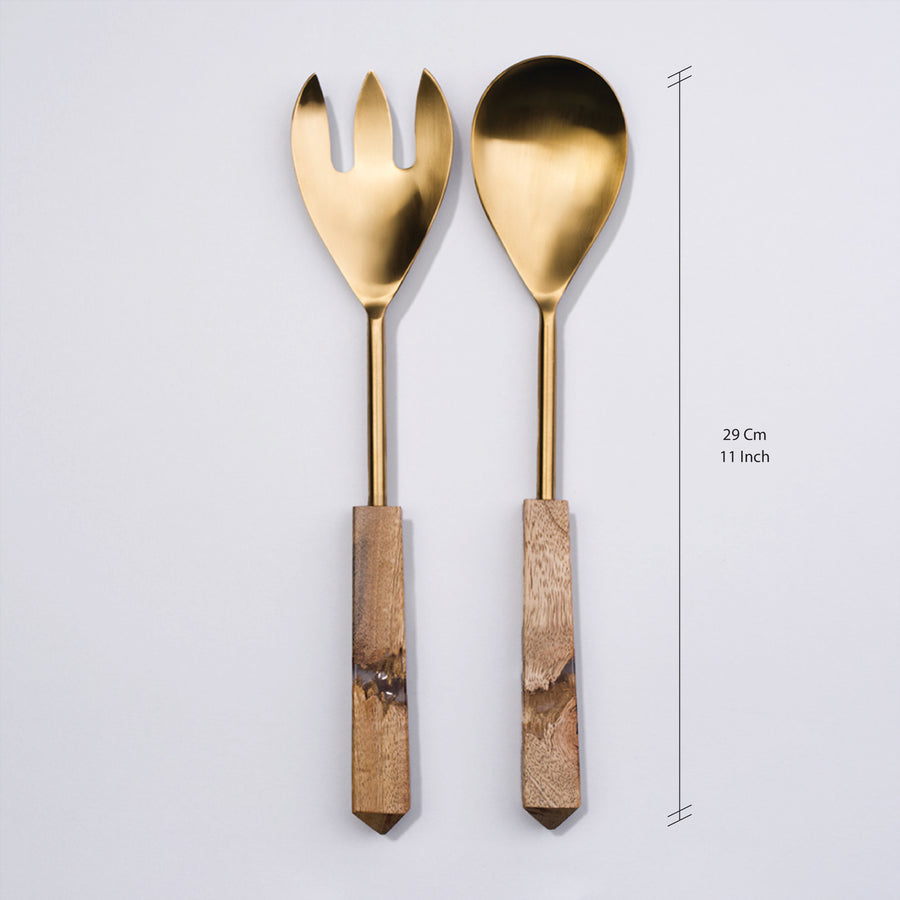 Metal Salad Servers with Wood and Resin Handle - Gold Color