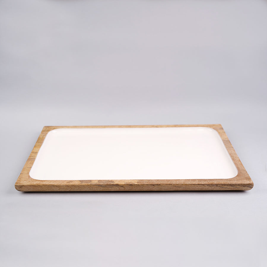Square wood and white enamel serving plate