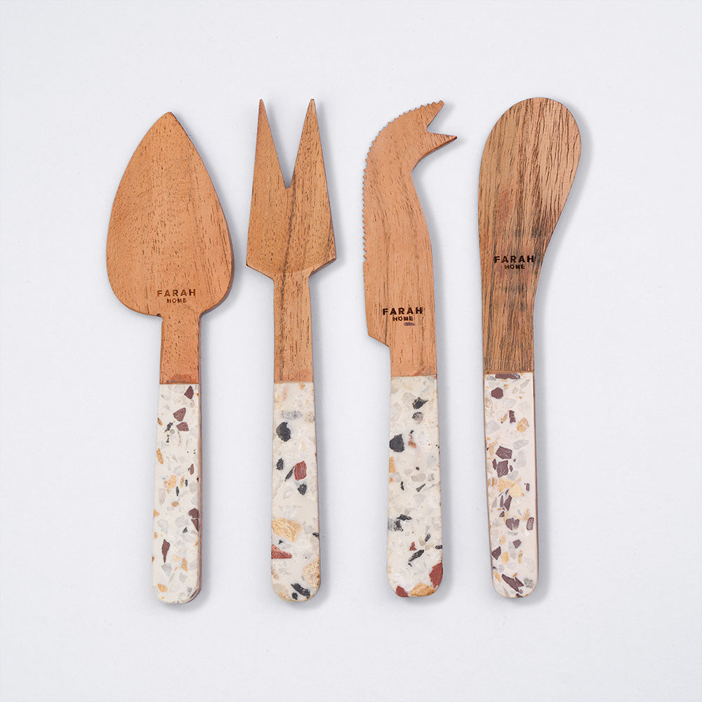 A set of wood cheese knives with terrazzo handle