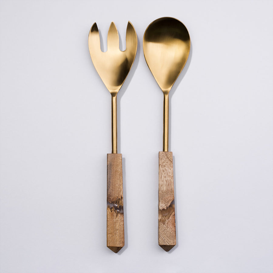 Metal Salad Servers with Wood and Resin Handle - Gold Color