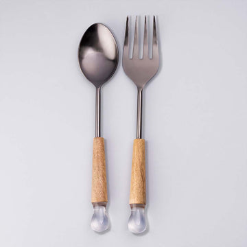Metal Salad Servers with Wood and Resin Handle - Silver Color