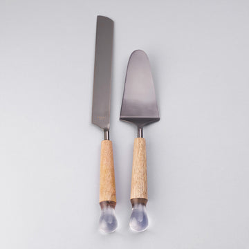 سكاكين تقطيع الكيك معدنية بمقبض من الخشب والرزن الشفاف