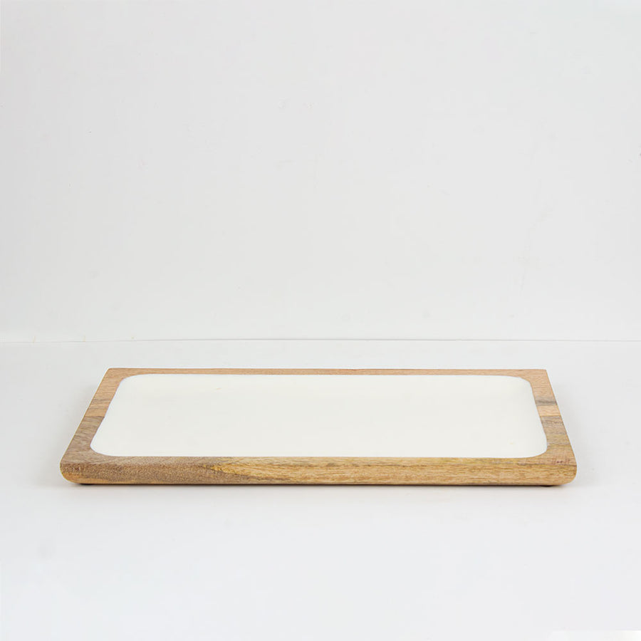 Square wood and white enamel serving plate